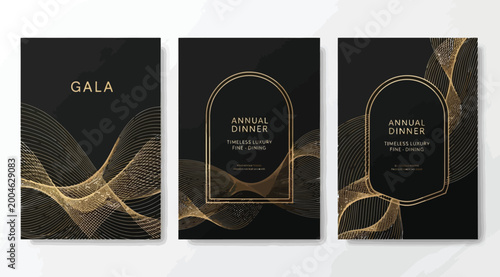 Fotografía Luxury gala and annual dinner invitation card templates with gold wavy lines on