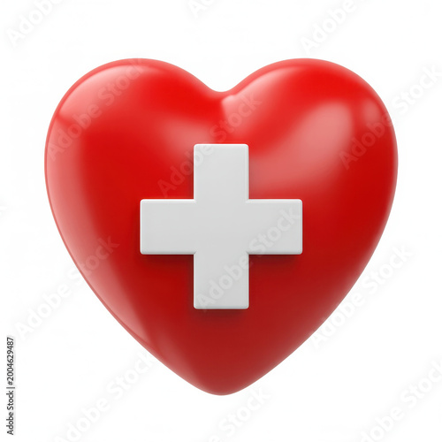 Three dimensional red heart shape with a white medical cross symbol isolated on white background