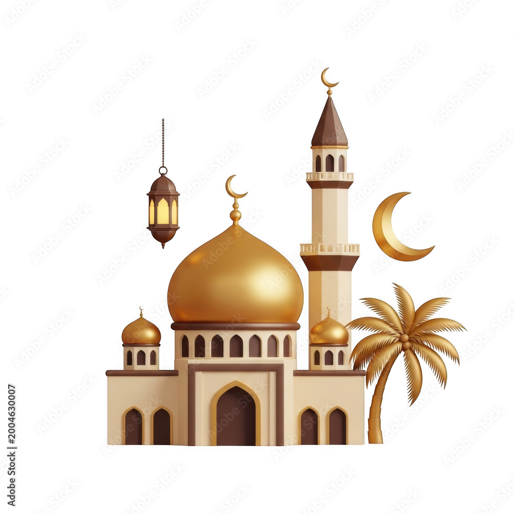 Obraz premium Intricate illustration of a golden mosque with crescent moon and star isolated on transparent background