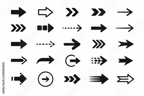 Arrow Icon Set Collection of Different Black Arrows Signs. Modern Simple Arrow Symbols Pointing to the Right. Vector Illustration of Directional Pointers for Navigation, Web Design, UI/UX, and Apps.