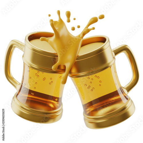 Two golden beer mugs clinking together with liquid splashing out isolated on white background