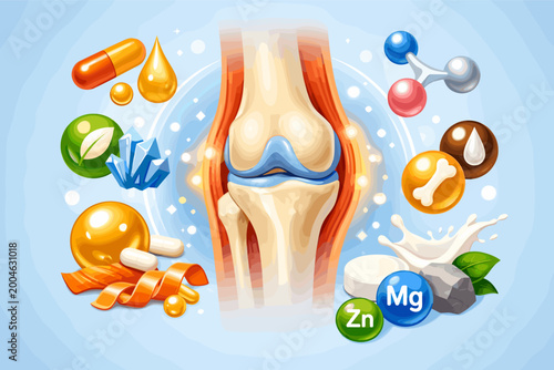 Comprehensive Orthopedic Wellness Illustration Depicting a Resilient Knee Joint Augmented by Vital Nutrients and Dietary Elements to Promote Skeletal Strength and Cartilage Maintenance