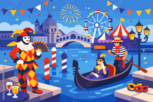 Vibrant Venice Carnival vector illustration featuring a masked jester, gondola ride on the canal, Rialto Bridge, fireworks, Ferris wheel, and festive decorations for Italian travel and culture.