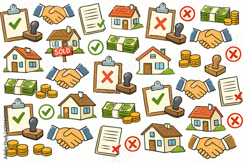 Hand-drawn real estate and finance doodle pattern with house icons, handshakes, money stacks, approved and rejected clipboards, and legal documents for mortgage, loan, and business concepts.