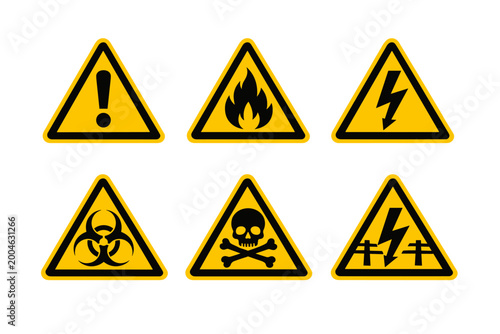 Free Download Set of yellow triangular warning signs with black symbols for general caution, flammable fire hazard, high voltage electricity, biohazard, toxic poison skull, and electric fence safety icons. - GFXLoad