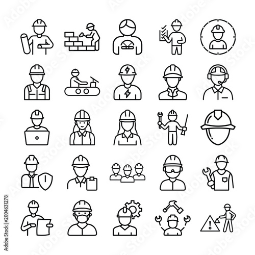 Construction Worker Line Icon Collection Set