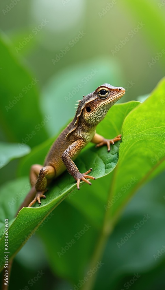 Fototapeta premium Brown lizard with spiky crest sits on vibrant green leaf. Small reptile looks alert with beady eye. Wildlife scene shows natural camouflage and textured skin in sunlit jungle.