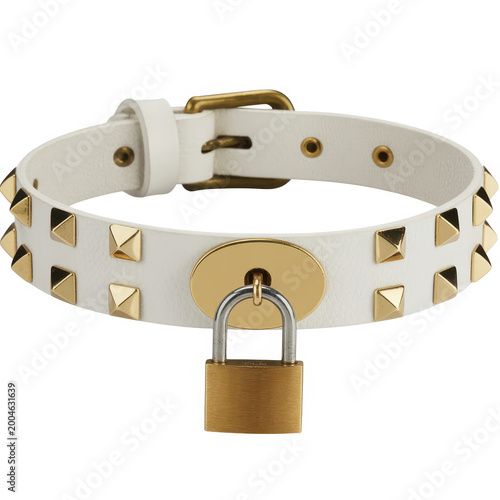 White leather choker collar with gold metal studs and a padlock isolated on a white background