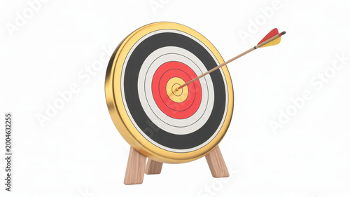 A golden archery target with a wooden arrow hitting the center bullseye on a white background