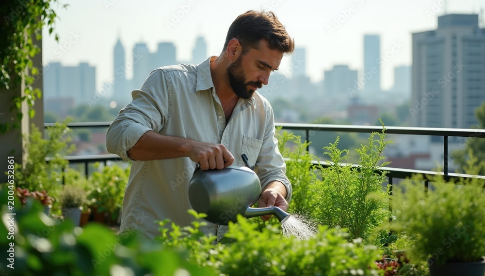 Obraz premium Bearded man waters green plants on city balcony. Male gardener tends balcony garden with urban skyline background. Hobbyist enjoys domestic plants care on terrace.