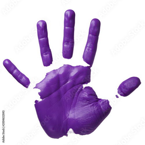 A single purple handprint made with thick paint isolated on a plain white background