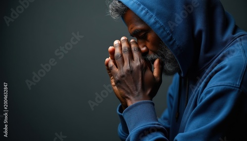 Elderly Black man with grey beard wears blue hoodie, clasps hands in prayer. He bows head in solemn devotion, seeking spiritual solace or guidance. Focused, contemplative mood.