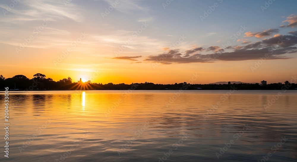 Fototapeta premium Vibrant Sunset Over Calm Water with Distant Tree Line