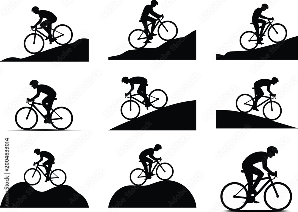 Obraz premium Cyclist silhouettes riding uphill downhill and flat terrain showing dynamic cycling motion and posture