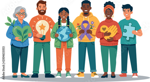 Photos Diverse group of people holding symbols of social causes, unity, and awareness, representing community support and inclusion