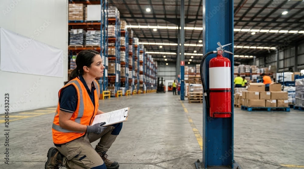 Naklejka premium Warehouse Safety Coordinator Visually Confirming Fire Extinguish