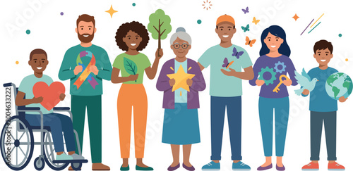 A diverse group of people representing various social causes, inclusion, and community support, standing together with symbols of hope and unity.