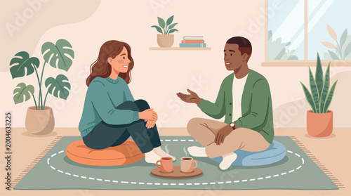 Two people sitting on floor cushions in a cozy room, having a relaxed conversation with mugs of coffee or tea between them.
