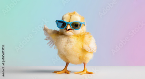 A small yellow fluffy chick wearing blue sunglasses standing against a colorful gradient background