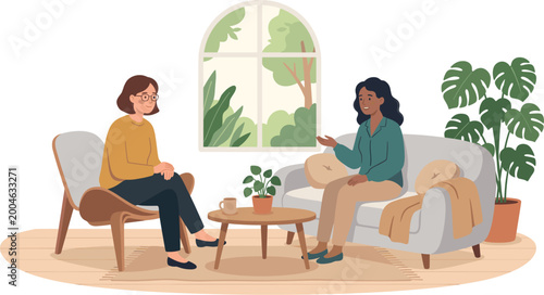 Two women having a relaxed conversation in a cozy living room with plants and a window view, possibly a therapy session or friendly chat.