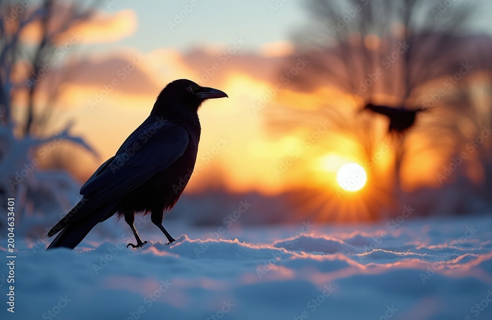 Obraz premium Silhouette of black crow bird standing on snowy ground during sunset. Another bird flies in distant sunset sky. Winter scene with warm orange sky and soft focus background.