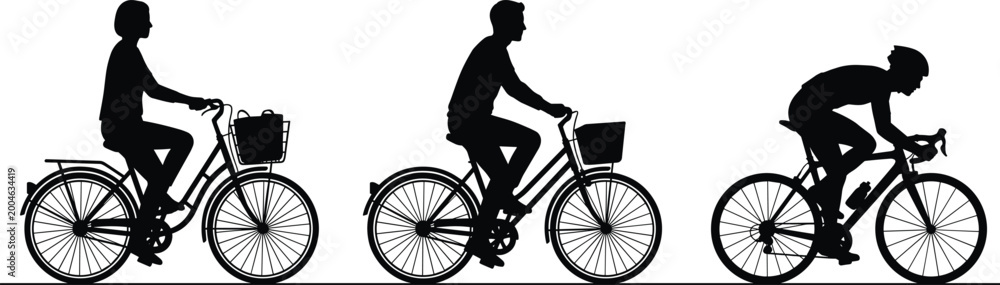 Fototapeta premium Silhouettes of cyclists on city and road bikes with baskets and racing posture representing different cycling styles