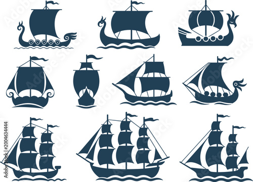Foto Stylized silhouettes of historical sailing ships including Viking longships and