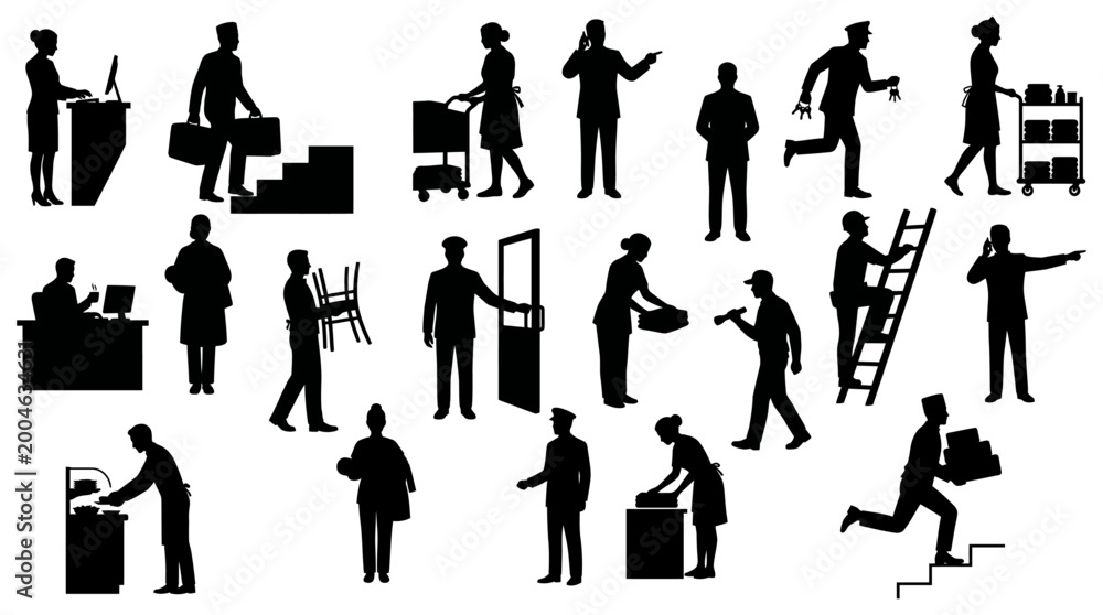Fototapeta premium Hotel staff silhouettes showing hospitality industry workers and service roles | Professional hotel management and housekeeping icons set vector illustration