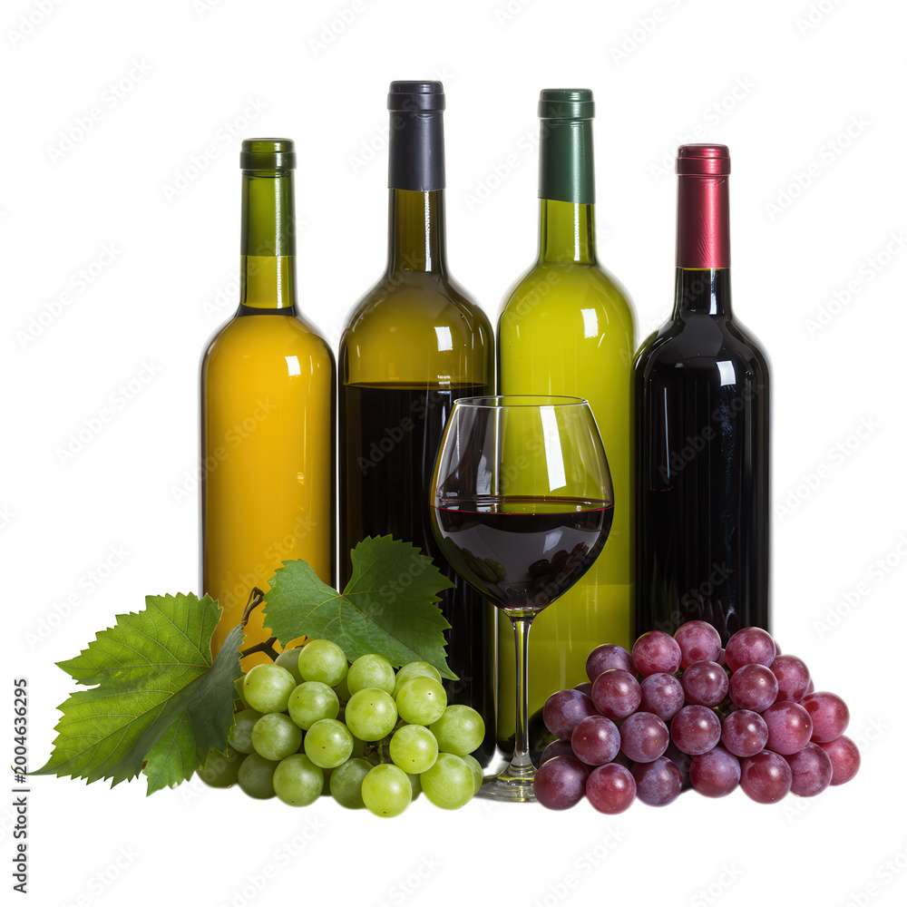 Obraz premium Wine bottles with grapes and glass isolated on transparent background