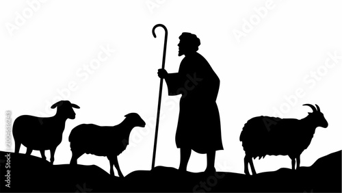 Bilde på lerret Shepherd with livestock walking on hillside at sunset silhouette pastoral scene