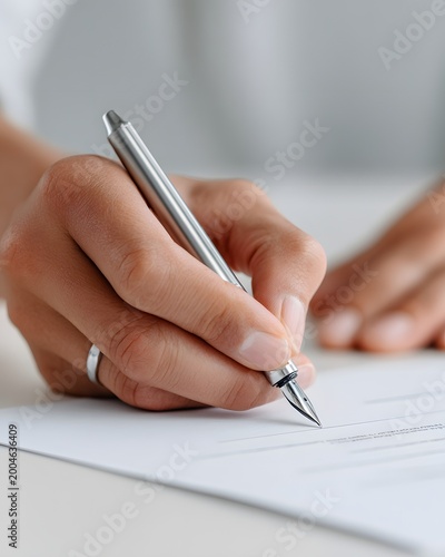 One hand is signing a legal document using a silver fountain pen on paper