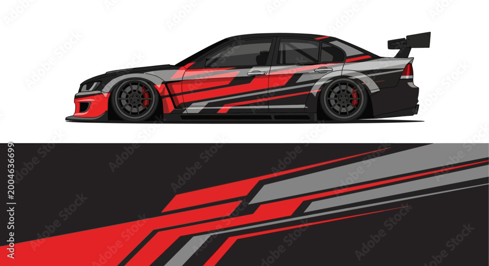 Obraz premium High speed race car with red and black livery on a dark track background.