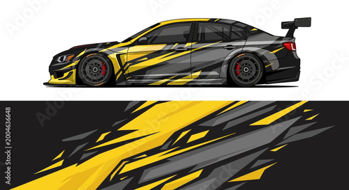 Fotografie High-speed yellow and black race car with dynamic graphic design livery exploring motion and power during a race