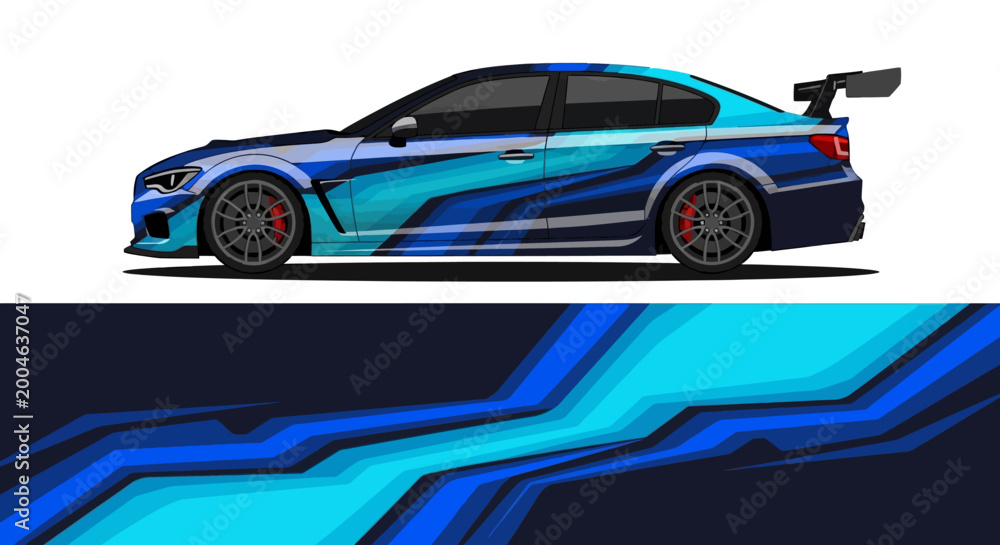 Fototapeta premium Blue Sports Car with Graphic Stripes and Sleek Aerodynamic Design.