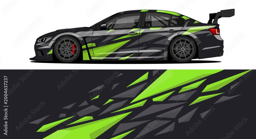Naklejka premium Side Profile of Neon Green Race Car with Bold Livery and Aerodynamic Design.