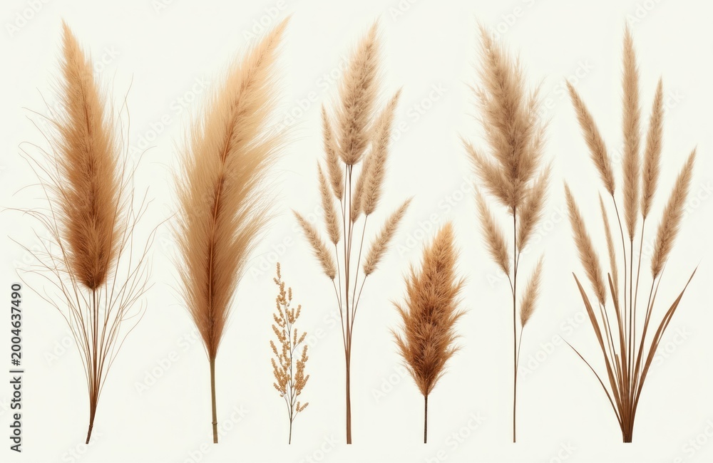Fototapeta premium Collection of dried pampas grass stems and other reeds in neutral beige and brown tones. Various sizes and textures create a natural minimalist botanical arrangement for decor.