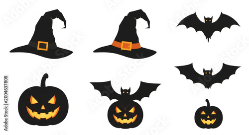 Photos Halloween decorations with pumpkins and bats.