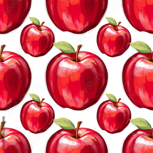 Seamless pattern - large red apples and green leaves close up, hand drawn illustration