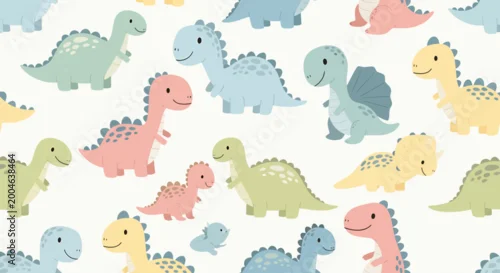 Obraz Cute Dinosaur Pattern, Kawaii Baby Dinosaurs Seamless Background, Kids Vector Illustration