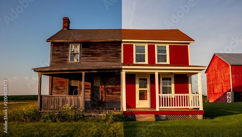 Before and after renovation shows old house transformed with dilapidated facade replaced by bright new siding, improving exterior and revitalizing property value overall transformation project.