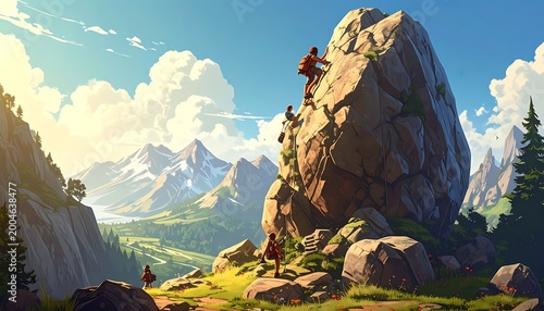Mountain climbers ascend