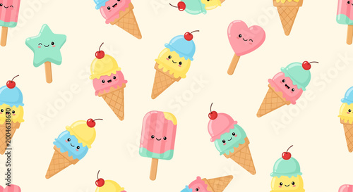 Cute Kawaii Ice Cream Characters Seamless Pattern, Summer Sweet Treats