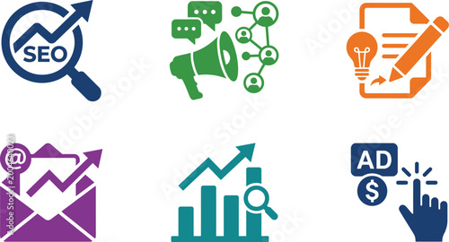 Modern business icon set seo marketing analytics advertising graphics