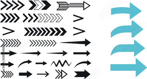 Tableau sur toile Black and Blue Arrow Icon Set with Chevron, Curved, and Zigzag Arrows for Moveme
