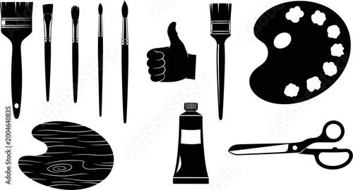 Bild auf Leinwand black silhouette of various artists tools and supplies on white background