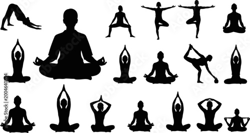 Bild auf Leinwand collection of people in various yoga poses and meditation isolated on white back