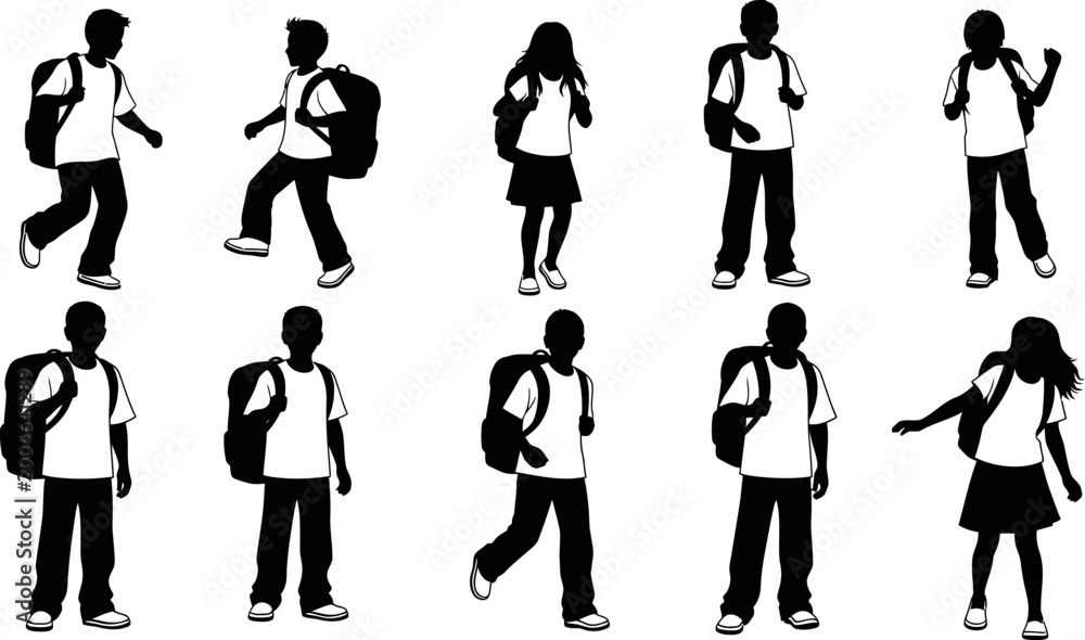 Fototapeta premium collection of silhouetted school children with backpacks walking and standing on white background