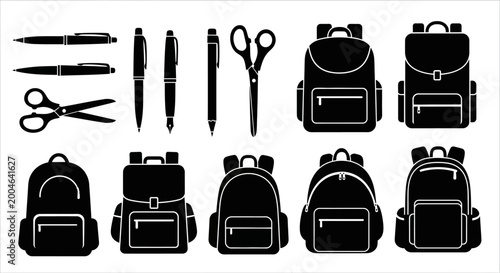 Bild auf Leinwand black silhouettes of school supplies and backpacks on white background