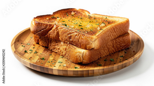 Texas Toast Garlic Bread on Bamboo Plate 30 Degree Angle Isolated on White Background Studio Image
