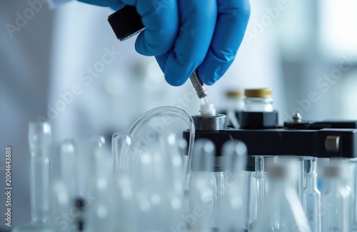 Scientist in blue glove inserts vial into modern lab machine for analysis. Research equipment at chemistry, biology, medical facility. Close up shot.